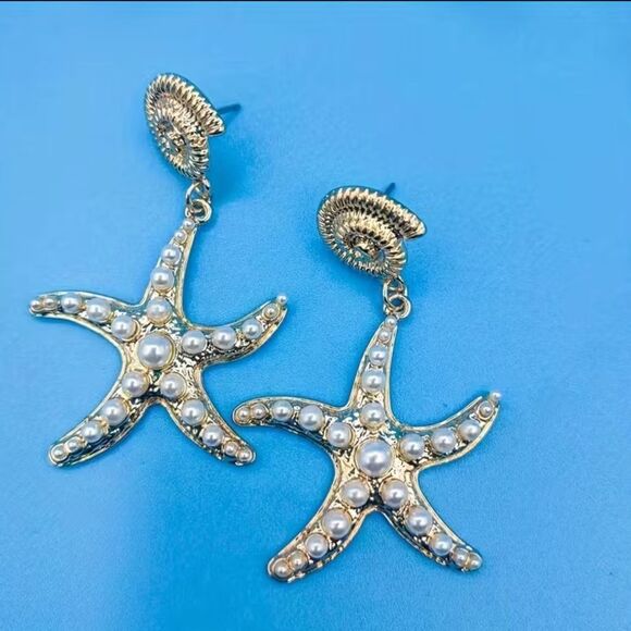 🌴Gold Tone Nautical Starfish Shell Pearl Post Drop Dangle Earrings - Picture 6 of 6